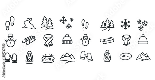 Winter icons: snowman, mittens, scarf, sled, trees, snowflakes, lantern, footprints