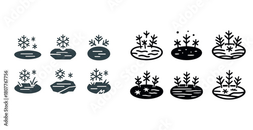 Vector set of minimalist black and white winter pond and snow designs