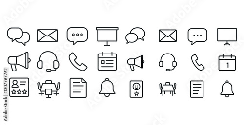 Communication and office icons set: email, calendar, phone, megaphone, headset, document