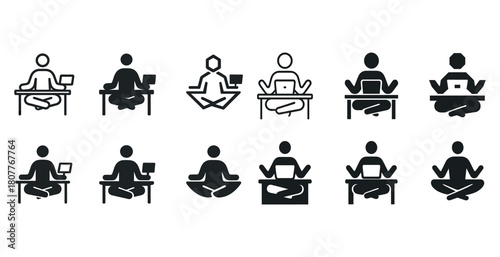 Minimalist yoga and meditation icons set with office desk variations