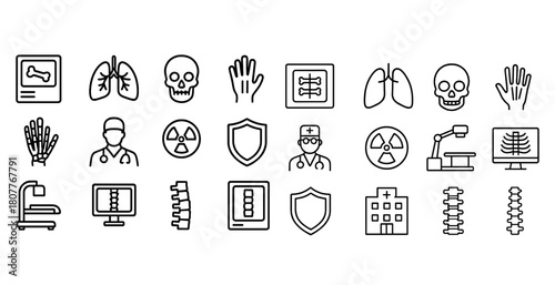 Medical line icons featuring skull, lungs, spine, and healthcare symbols