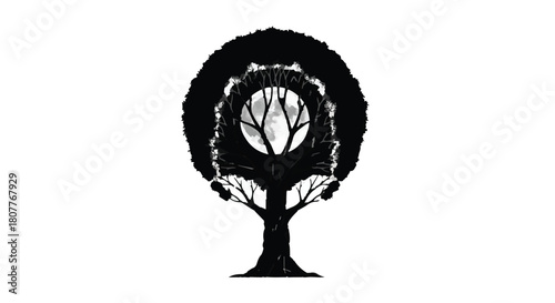 Enchanting forest silhouette with a luminous moon at its center, symbolizing nature's mystery.