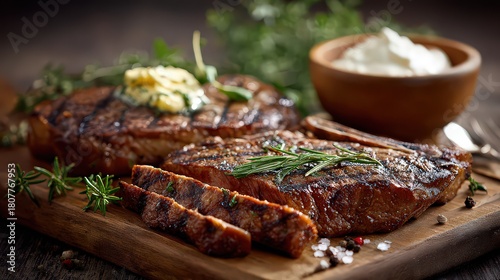 Grilled steak with herbs and butter served on wooden board with creamy sauce