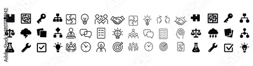 Set of business and communication icons including lightbulb and puzzle symbols