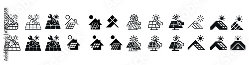 Vector icons of solar panel installations with sun and tools