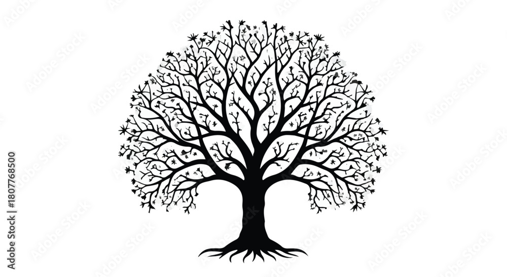 Obraz premium Intricate black silhouette of a bare tree with spreading branches and visible roots against a white background.