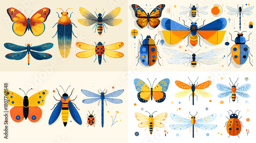 A detailed illustration of butterflies, dragonflies, beetles, and insects in bright contrasting colors arranged as a decorative natural species collection.