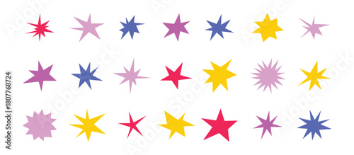 Sharp stars shapes set. Bright irregular sparks, colorful twinkles. Abstract edgy sparkle and stars elements pack. Asymmetry forms