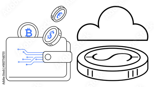 Digital wallet with circuits, coins representing cryptocurrency thumbs up Bitcoin, cloud icon, and coin stack. Ideal for finance, technology, cryptocurrency, cloud computing, digital transactions