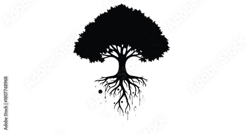 Bold black silhouette of a flourishing tree with deep, spreading roots against a stark white background.