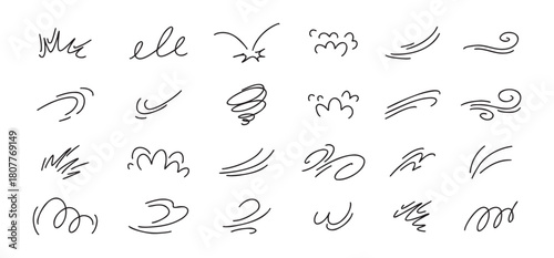 Doodle line wind moving set. Breath of the typhoon. Flat wind moves Vector isolated illustration