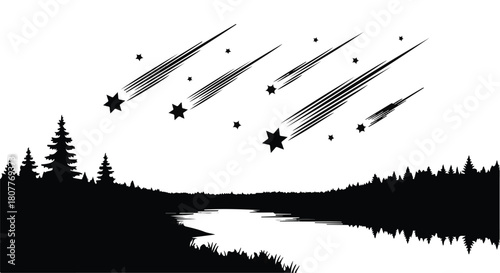 Magical meteor shower illuminates a serene night landscape with a reflective river and silhouetted trees.