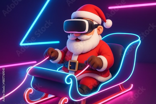 Santa Claus wearing virtual reality headset, driving sleigh with neon lights. Christmas metaverse concept for holiday technology.