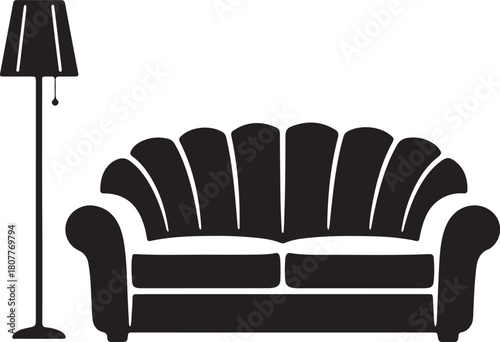 Stylish black icon of a comfortable two-seater couch and elegant standing lamp, symbolizing interior design and relaxation.