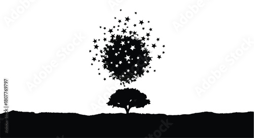 Lone tree silhouette bursts into a cloud of stars against a stark white sky, symbolizing growth and expansion