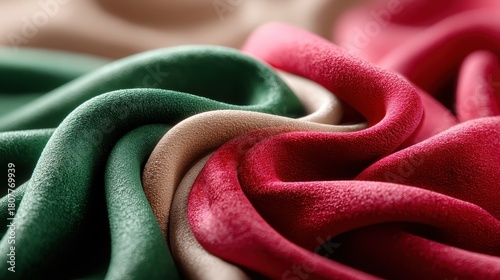 Softly lit fabric textures blend in a subtle wave pattern of red velvet and pine green hues, creating an intimate atmosphere for design projects. 