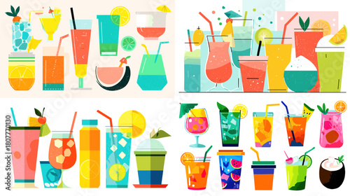 A bright collection of colorful summer drinks including juices, smoothies, cocktails, and refreshing beverages arranged in a cheerful modern illustration.