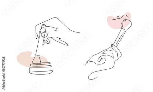 Hands with makeup brushes. Minimalist one line vector Illustration. Beauty, fashion, cosmetics, skincare, salon branding, modern lifestyle concepts.