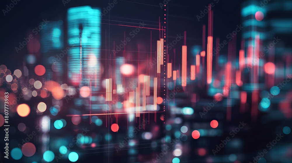 Obraz premium Dynamic financial chart overlaying vibrant city lights at night, a modern concept for business and investment success in the digital age