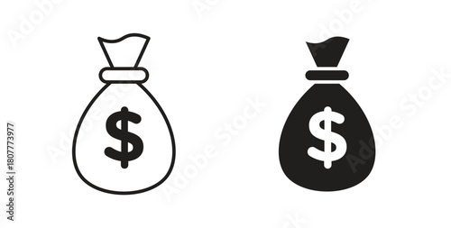 Money bag icons set. Simple line vector illustration