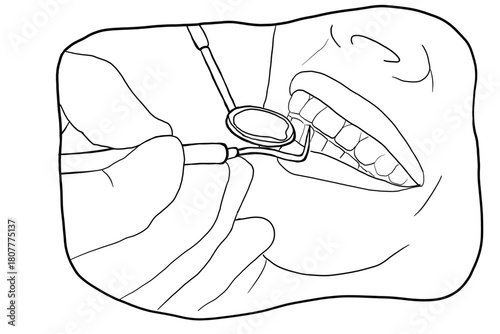 Open mouth and smiling, receiving oral health treatment by a gloved dentist using a mouth mirror and probe.