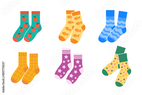 Colorful Socks Collection With Apples, Fish, Stars, Stripes, Dots, Checks And Fun Patterns Evoking Playful Everyday Style And Seasonal Vibes