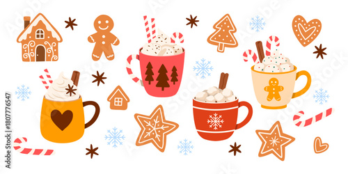 Christmas and New Year Winter Cocoa Mugs with Marshmallows, Gingerbread Cookies, Candy Canes and Warm Seasonal Toppings in a Cozy Holiday Illustration