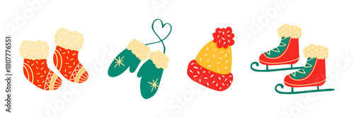 Winter Christmas New Year Accessories Illustration with Cozy Socks Mittens Hat and Ice Skates as Seasonal Holiday Elements in Cold Weather Theme