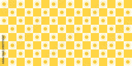 Bright yellow sun pattern on checkerboard background with smiling faces vibrant joyful seamless design with sunny cheerful mood