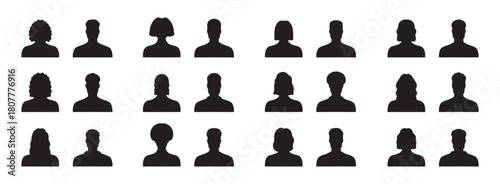 Silhouette male and female heads. People profile avatars, anonymous faces portraits, black silhouette unknown faceless set