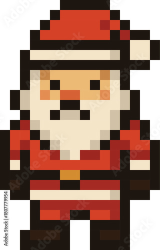 A retro-style pixel-art Santa Claus wearing his classic red suit, white beard, and festive hat. The blocky 8-bit design adds nostalgic charm, making it perfect for  greeting cards, posters