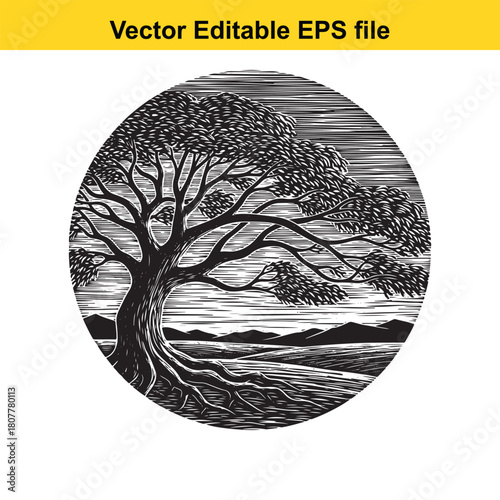A captivating black and white vector illustration of a windswept tree, its branches reaching out against a backdrop of mountains and a serene sky