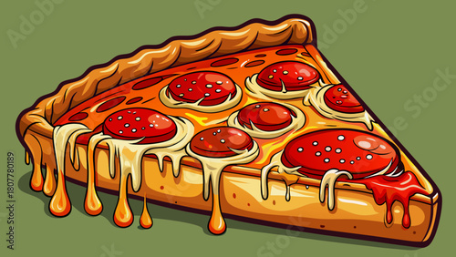 Very beautiful single slice of deep-dish pizza with a thick buttery crust, rich tomato topping, and gooey melted cheese stretching softly from the warm interior.