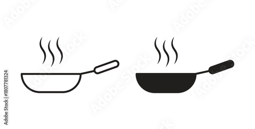 Frying pan icon with line and silhouette versions.