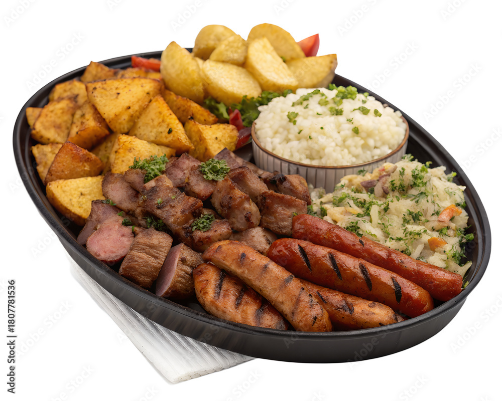 Fototapeta premium Photorealistic image of Colombian picada platter with chopped grilled meats, sausages, potatoes, and arepitas, isolated on transparent background.