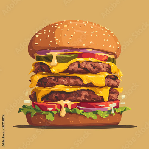 Vector illustration of a triple cheeseburger isolated on a white background