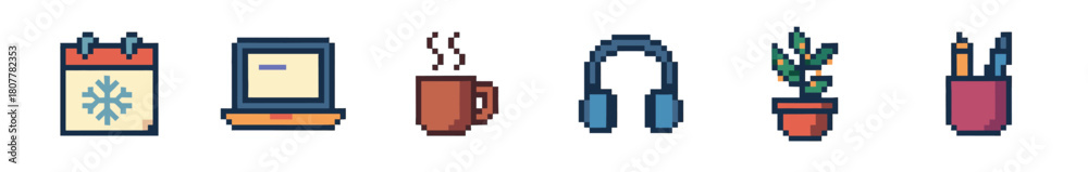 Obraz premium A vibrant collection of retro pixel art icons featuring a snowflake calendar, smartphone, steaming mug, headphones, potted plant, and quiver