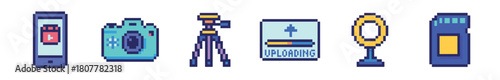 A vibrant set of six pixel art icons illustrating modern photography and digital content creation equipment, including a camera, tripod, smartphone, and an uploading screen