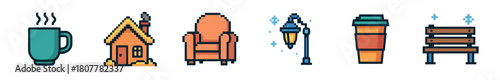 A collection of six colorful pixel art style icons, depicting a steaming mug, a small house, an armchair, a street lamp, a coffee cup, and a park bench