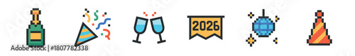 Pixel art icons for New Year's Eve, featuring celebration elements like a champagne bottle, party hats, clinking glasses, a disco ball, and a 2025 banner, in a retro digital style