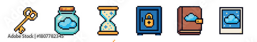 A vibrant collection of pixel art fantasy game items including a golden key, a potion bottle, an hourglass, a safe, a magical book, and a framed picture