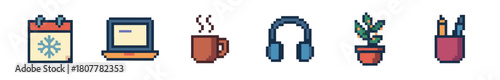 A vibrant collection of retro pixel art icons featuring a snowflake calendar, smartphone, steaming mug, headphones, potted plant, and quiver