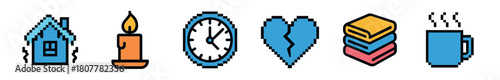 A horizontal row of six colorful pixel art icons depicting a house, a burning candle, a clock, a broken heart, folded clothes, and a steaming mug