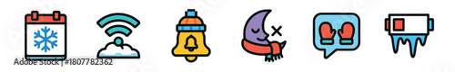 Six colorful cartoon icons in a row, illustrating winter and cold weather themes like a snowflake calendar, a cloud with a signal, a bell in a hat, a sleeping moon, mittens