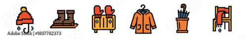 A charming set of pixel art icons illustrating essential cold and rainy weather gear, including a beanie, boots, mittens, a raincoat, an umbrella, and a scarf