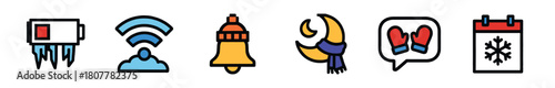 A vibrant set of six hand-drawn style icons, illustrating winter and technology concepts with a freezing battery, Wi-Fi cloud, notification bell, moon with scarf, mittens, and a snowflake calendar