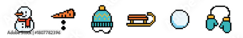 A delightful collection of pixel art winter holiday elements, featuring a cheerful snowman, warm hat, classic sled, cozy earmuffs, and an ice skate blade