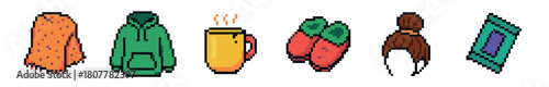 A vibrant collection of pixel art items including a blanket, green hoodie, steaming mug, red berries, brown dog, and patterned rug, isolated on a clean white background in a retro 8-bit style