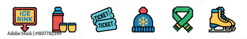 A vibrant set of pixel art icons for winter activities, showcasing an ice rink sign, thermos, tickets, a warm beanie, a green scarf, and an ice skate