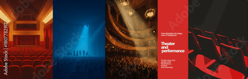 Atmospheric theater vector set featuring grand auditoriums, dramatic stage lighting, performers, and empty red seats. Perfect for performance posters, cultural events, show promotions, and stage desig